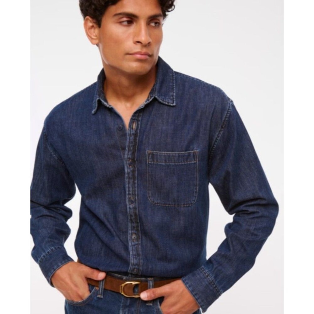 Abercrombie & Fitch Men's Denim Button-Up Shirt Blue Cotton Long Sleeve Size L